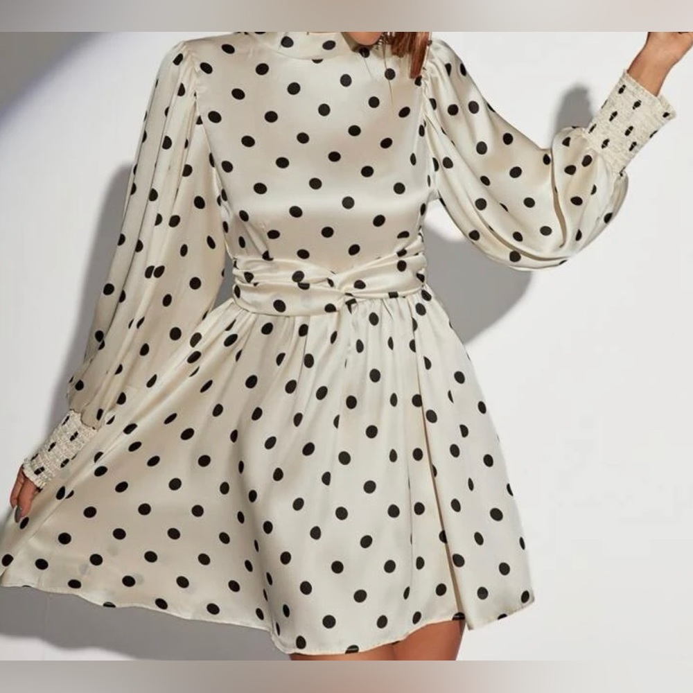 Polka Dot Print Shirred Cuff Belted Satin Dress